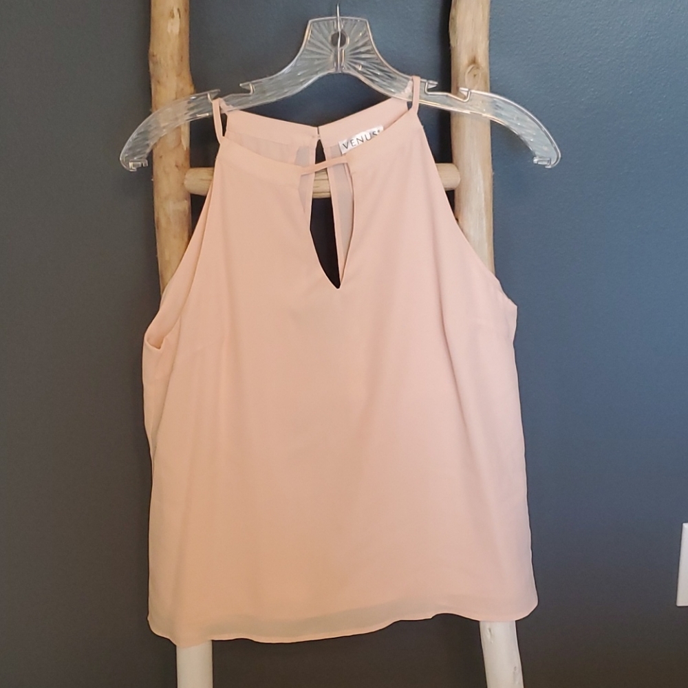 Venus pink solid sleeveless round neck keyhole High halter Neck top. XS